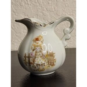 Vintage White Holly Hobbie Ceramic Pitcher Small 4" Gold Trim Top